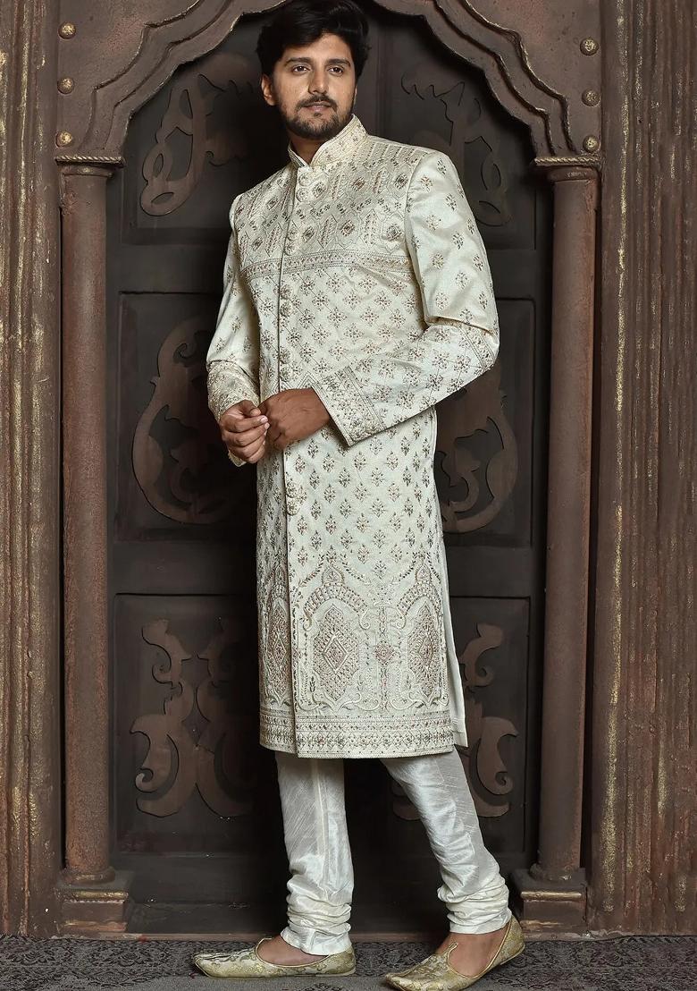 Ivory Embroidered Malbury Silk Indo Western Sherwani Set For Men