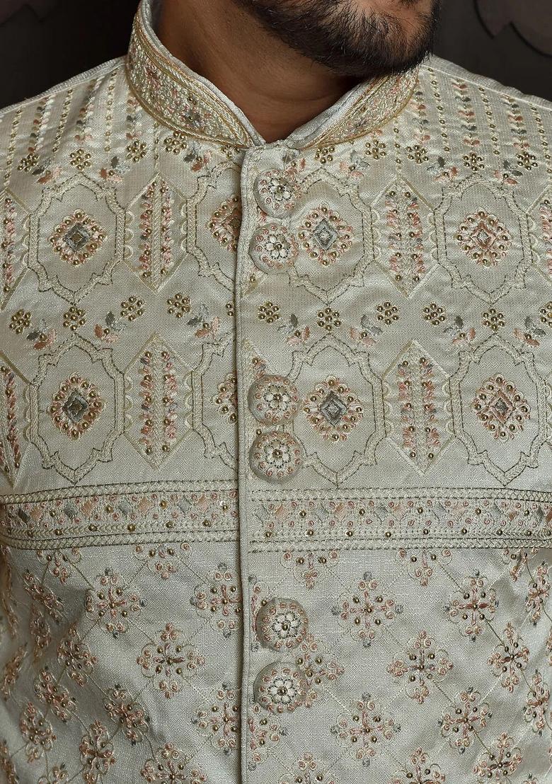 Ivory Embroidered Malbury Silk Indo Western Sherwani Set For Men