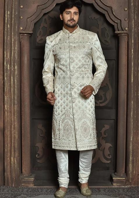 Ivory Embroidered Malbury Silk Indo Western Sherwani Set For Men