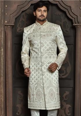 Ivory Embroidered Mulbury Indo Western Sherwani For Men