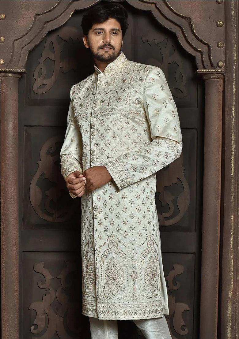 Ivory Embroidered Mulbury Indo Western Sherwani For Men