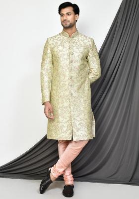 Sea Green Embroidered Dupion Art Silk Indo Western Sherwani Set For Men