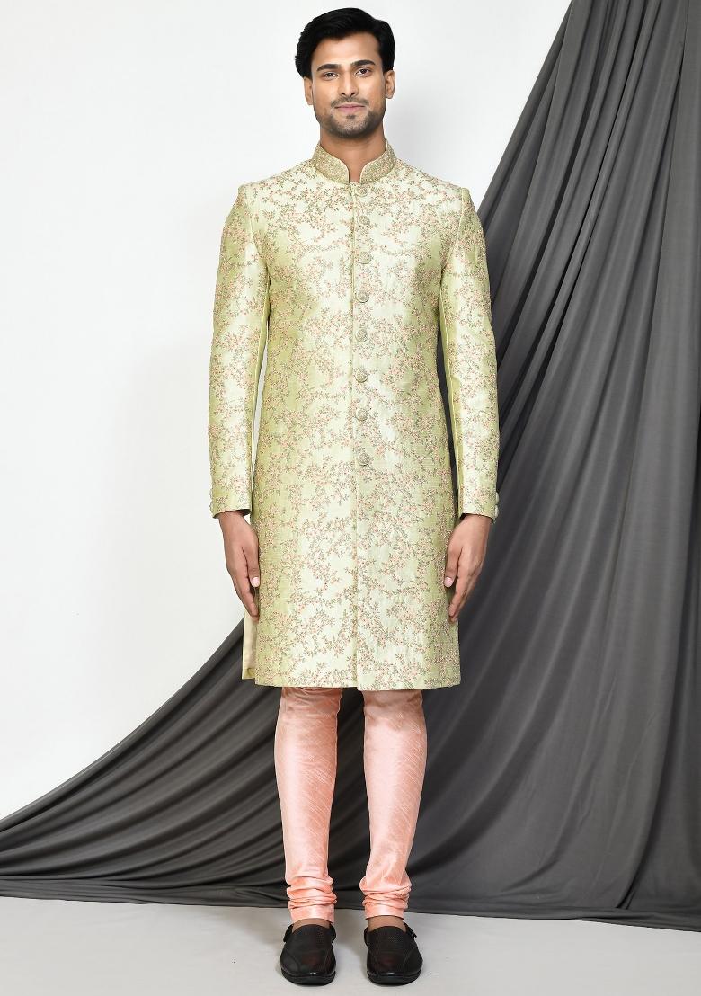 Sea Green Embroidered Dupion Art Silk Indo Western Sherwani Set For Men