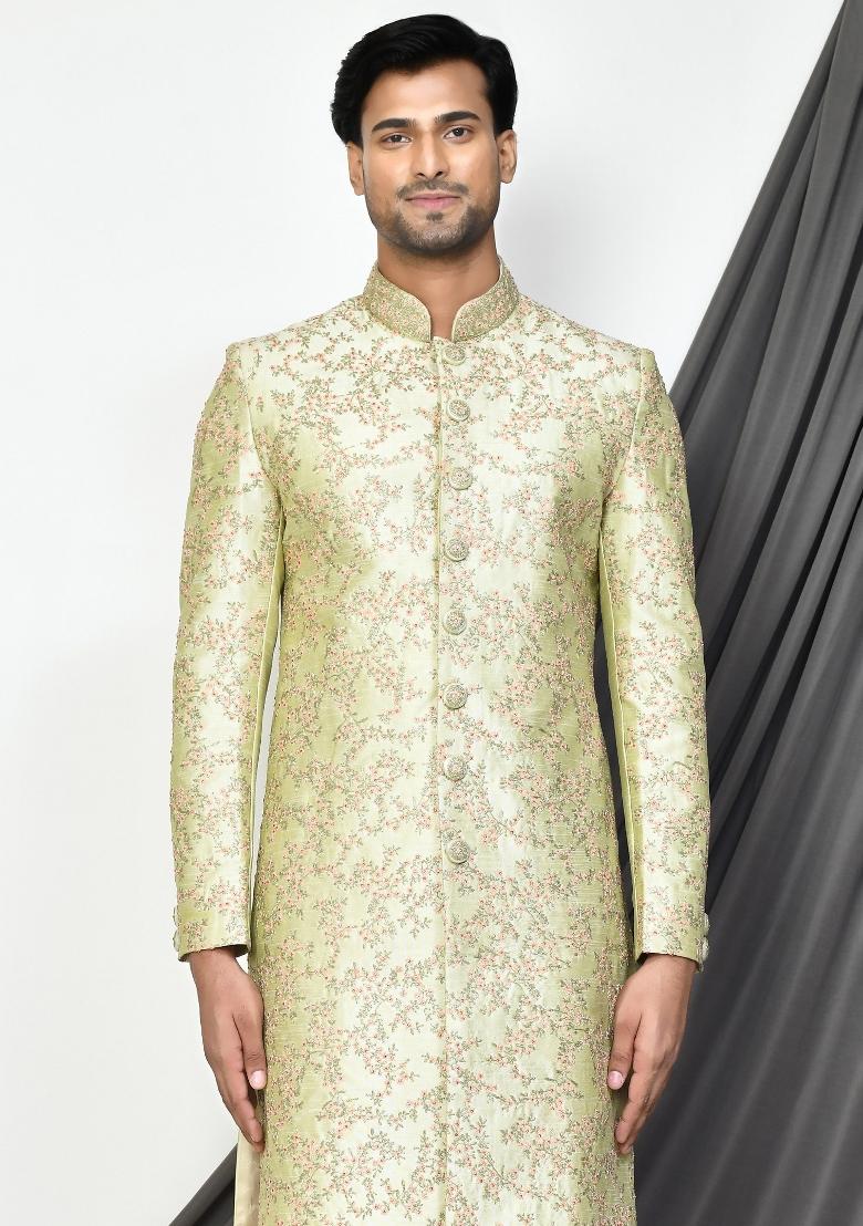 Sea Green Embroidered Dupion Art Silk Indo Western Sherwani Set For Men