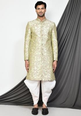 Sea Green Embroidered Dupion Art Silk Indo Western Sherwani Set For Men