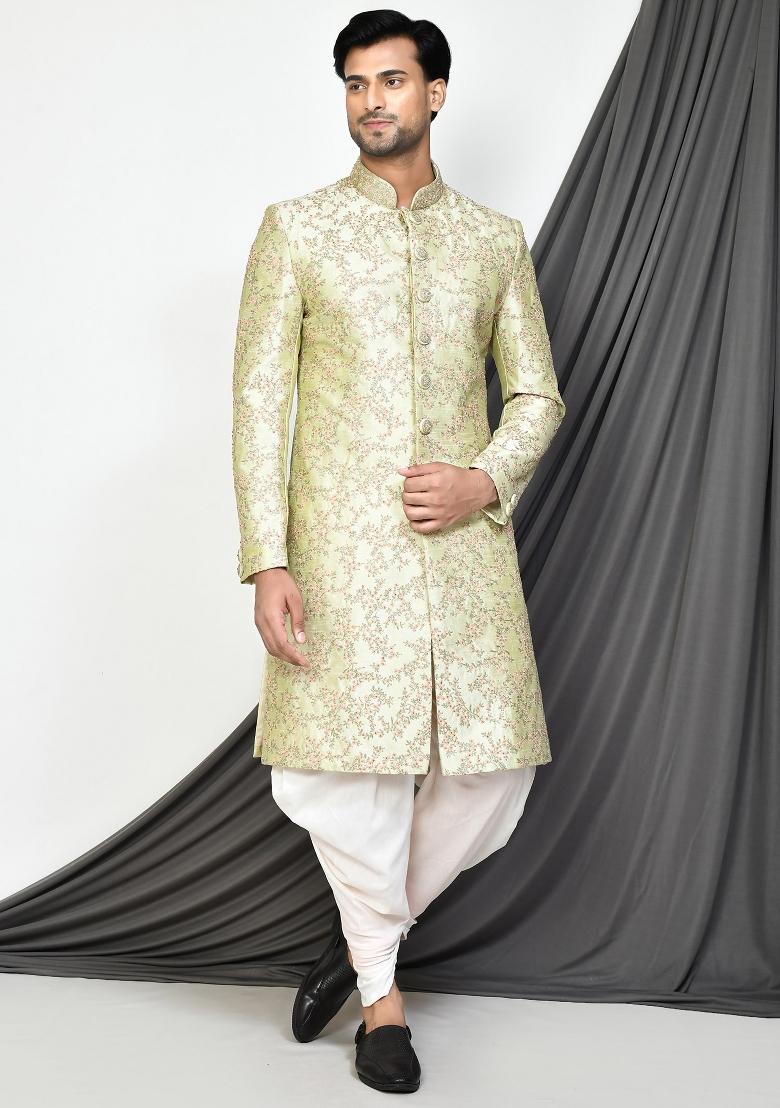 Sea Green Embroidered Dupion Art Silk Indo Western Sherwani Set For Men