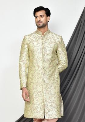 Sea Green Embroidered Dupion Art Silk Indo Western Sherwani For Men