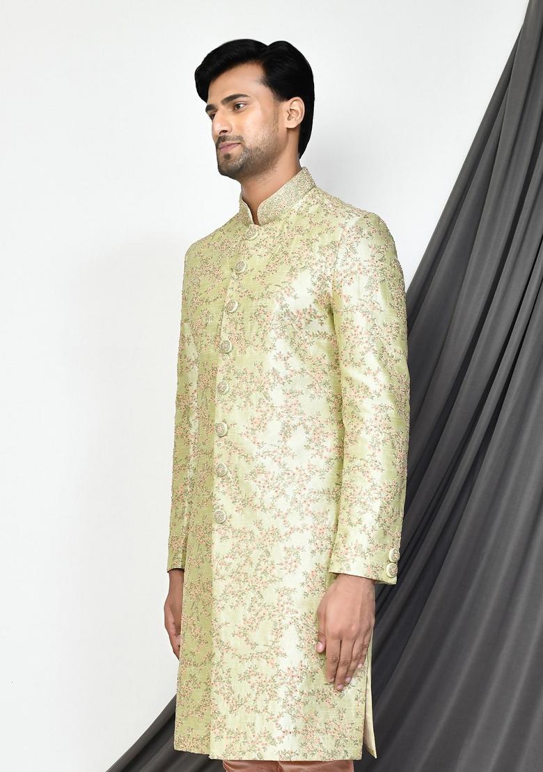 Sea Green Embroidered Dupion Art Silk Indo Western Sherwani For Men