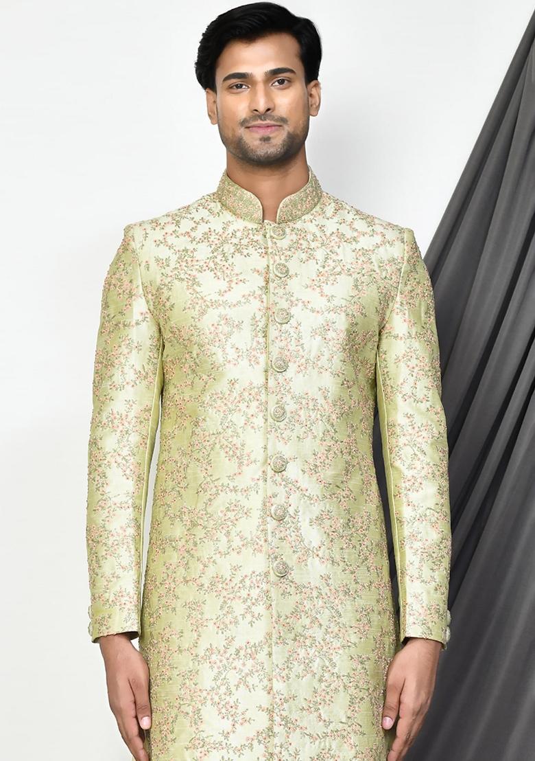Sea Green Embroidered Dupion Art Silk Indo Western Sherwani For Men