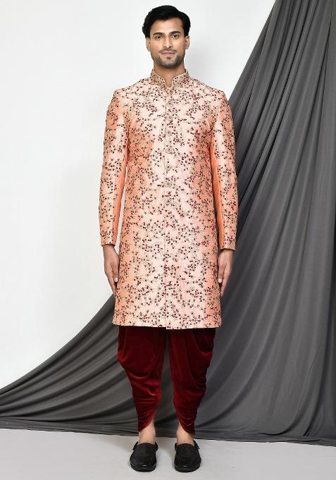 Peach Embroidered Dupion Art Silk Indo Western Sherwani Set For Men