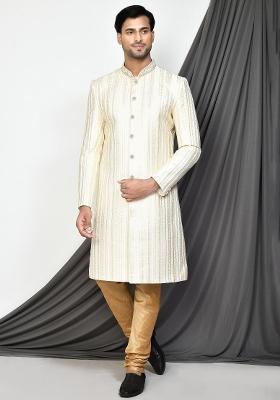 Cream Embroidered Silk Indo Western Sherwani Set For Men