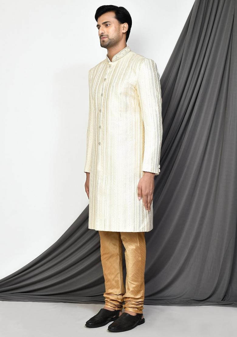Cream Embroidered Silk Indo Western Sherwani Set For Men
