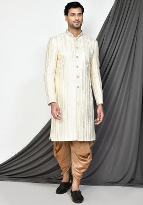 Cream Embroidered Silk Indo Western Sherwani Set For Men