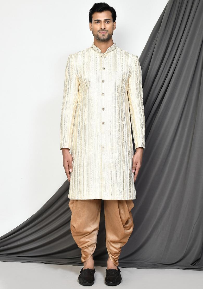Cream Embroidered Silk Indo Western Sherwani Set For Men