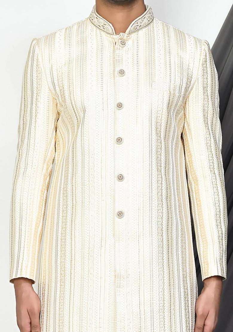 Cream Embroidered Silk Indo Western Sherwani Set For Men