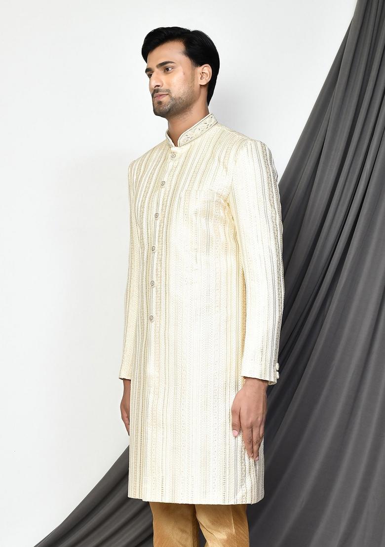 Cream Embroidered Silk Indo Western Sherwani For Men