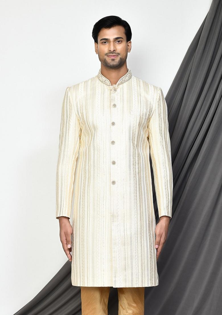 Cream Embroidered Silk Indo Western Sherwani For Men