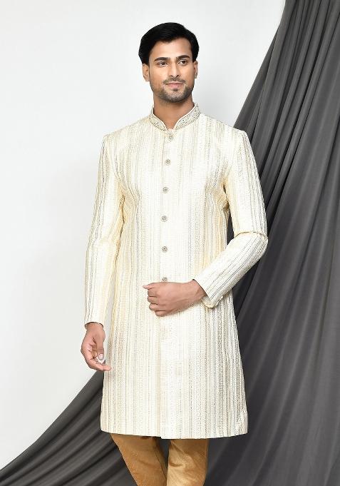 Cream Embroidered Silk Indo Western Sherwani For Men — view on Indya
