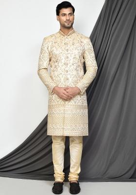 Beige Embroidered Mulbury Indo Western Sherwani Set For Men
