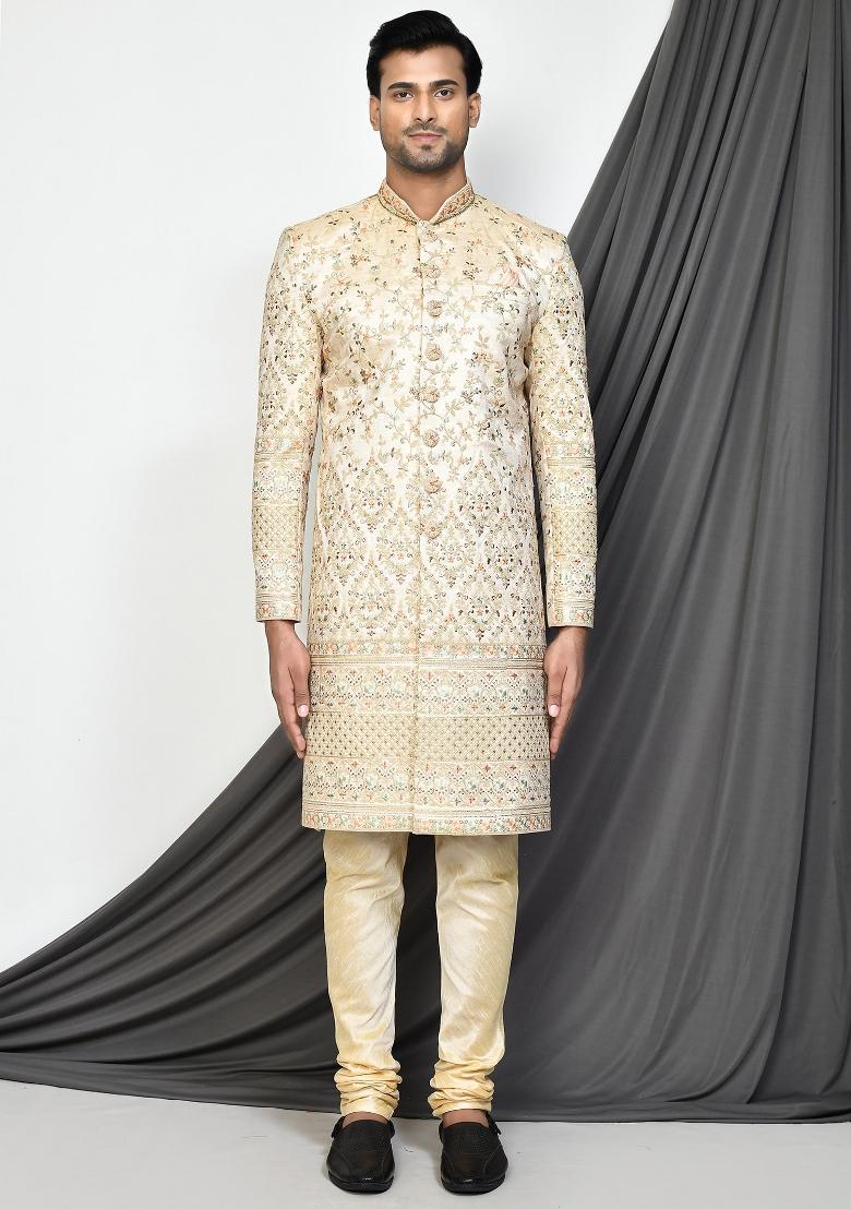 Beige Embroidered Mulbury Indo Western Sherwani Set For Men