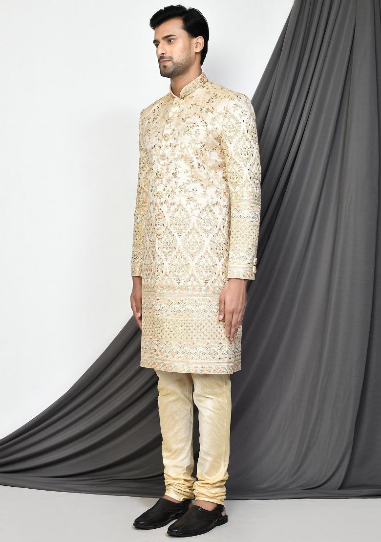 Beige Embroidered Mulbury Indo Western Sherwani Set For Men