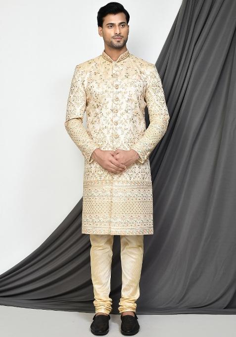 Beige Embroidered Mulbury Indo Western Sherwani Set For Men