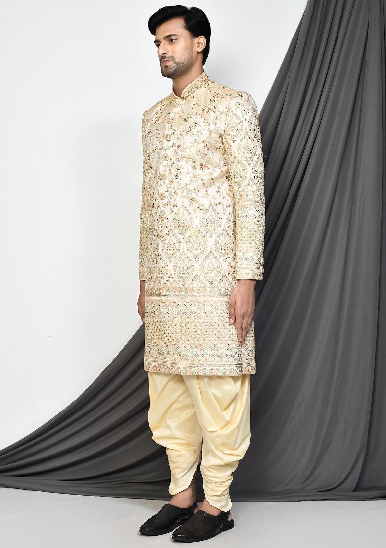 Beige Embroidered Mulbury Indo Western Sherwani Set For Men