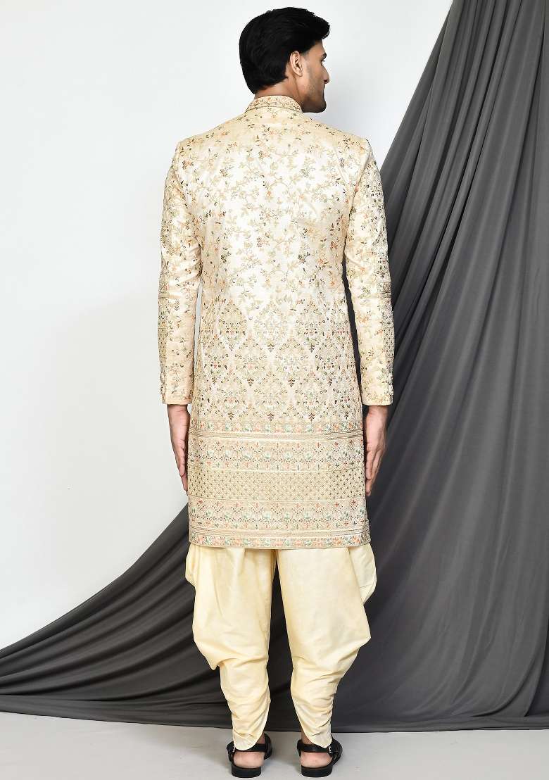 Beige Embroidered Mulbury Indo Western Sherwani Set For Men - Indya