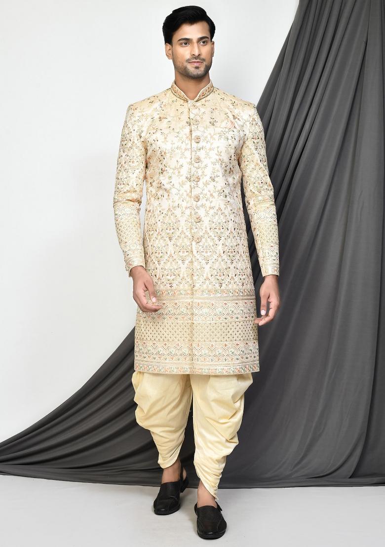 Beige Embroidered Mulbury Indo Western Sherwani Set For Men