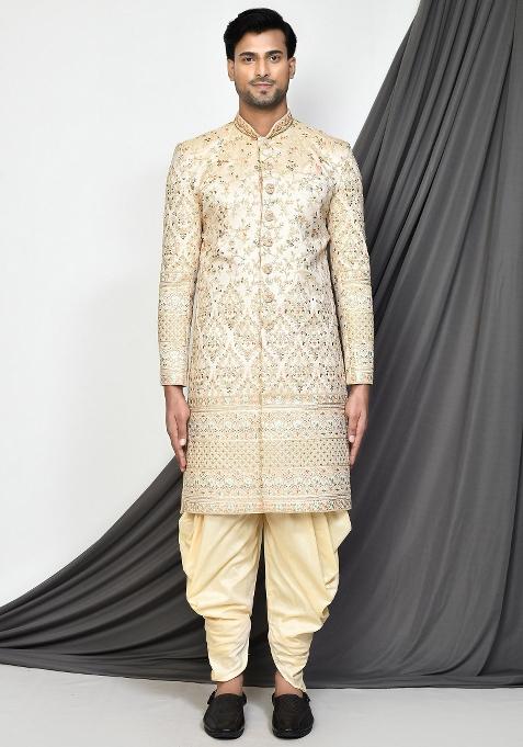 Beige Embroidered Mulbury Indo Western Sherwani Set For Men