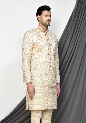 Beige Embroidered Mulbury Indo Western Sherwani For Men