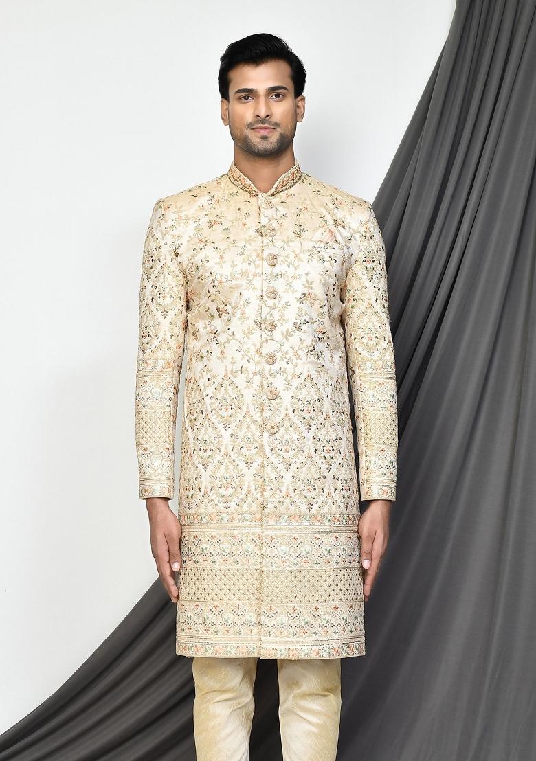 Beige Embroidered Mulbury Indo Western Sherwani For Men