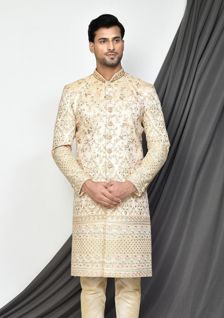 Beige Embroidered Mulbury Indo Western Sherwani For Men