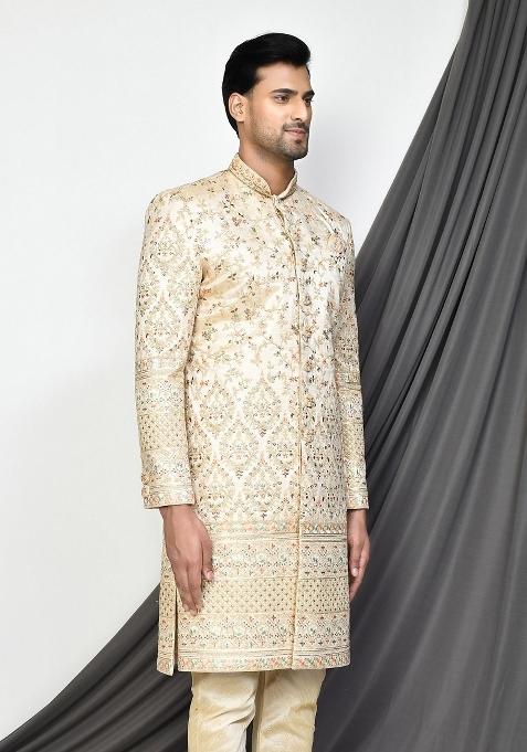 Beige Embroidered Mulbury Indo Western Sherwani For Men