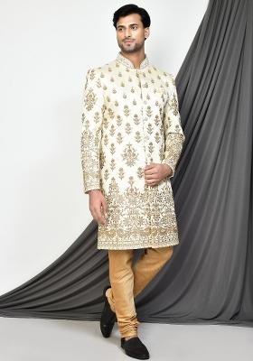 Cream Embroidered Royal Satin Indo Western Sherwani Set For Men