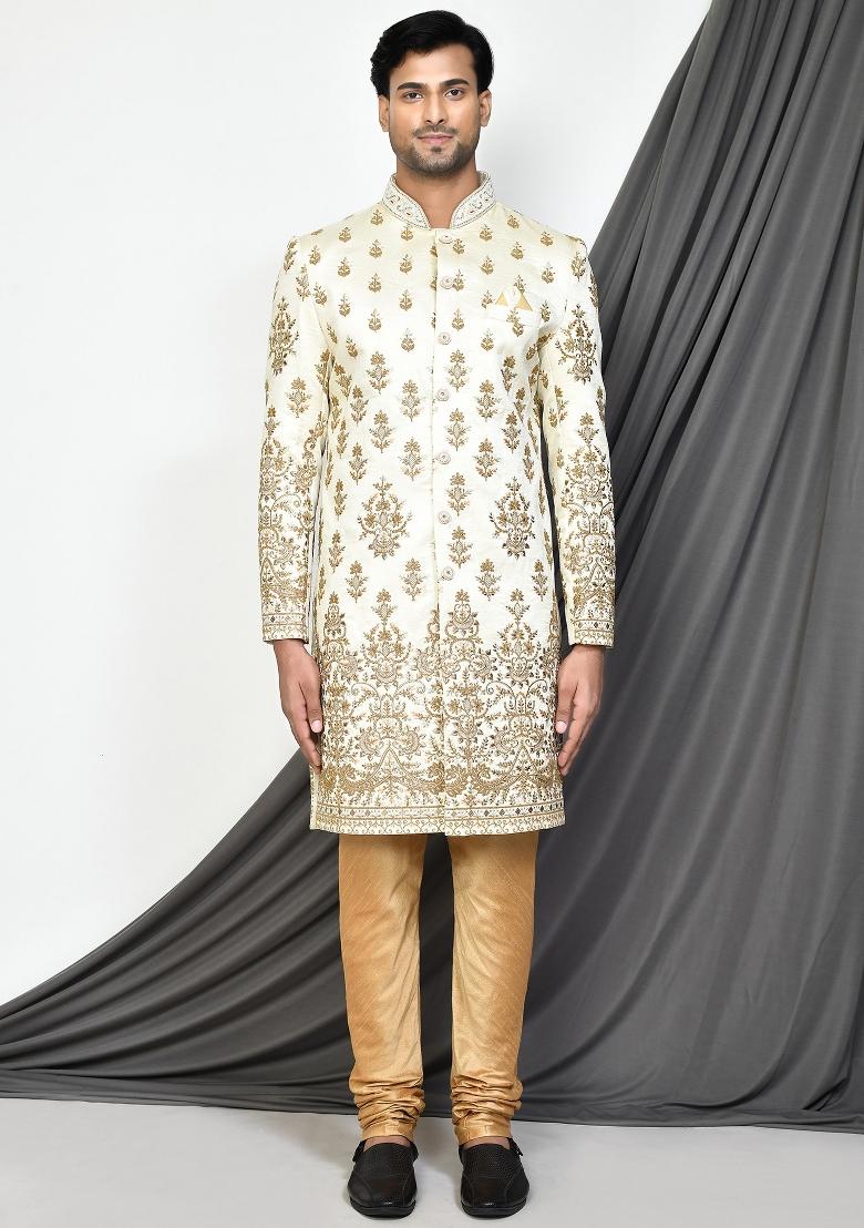 Cream Embroidered Royal Satin Indo Western Sherwani Set For Men