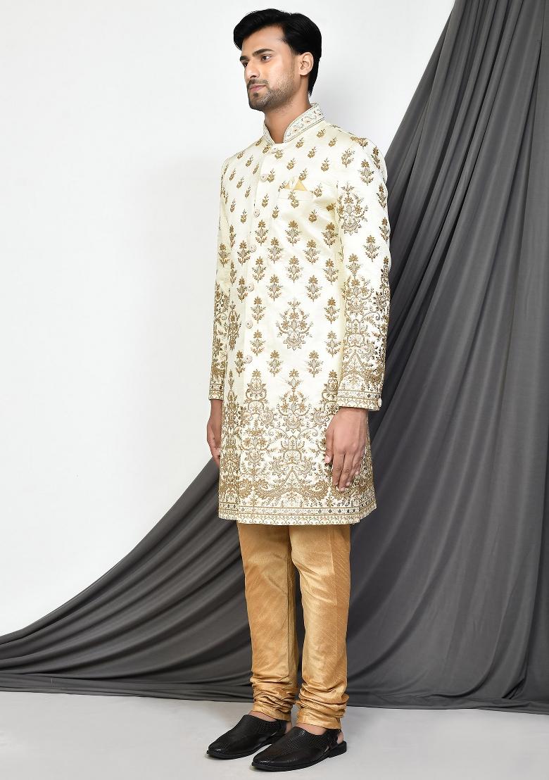 Cream Embroidered Royal Satin Indo Western Sherwani Set For Men