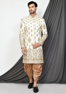 Cream Embroidered Royal Satin Indo Western Sherwani Set For Men