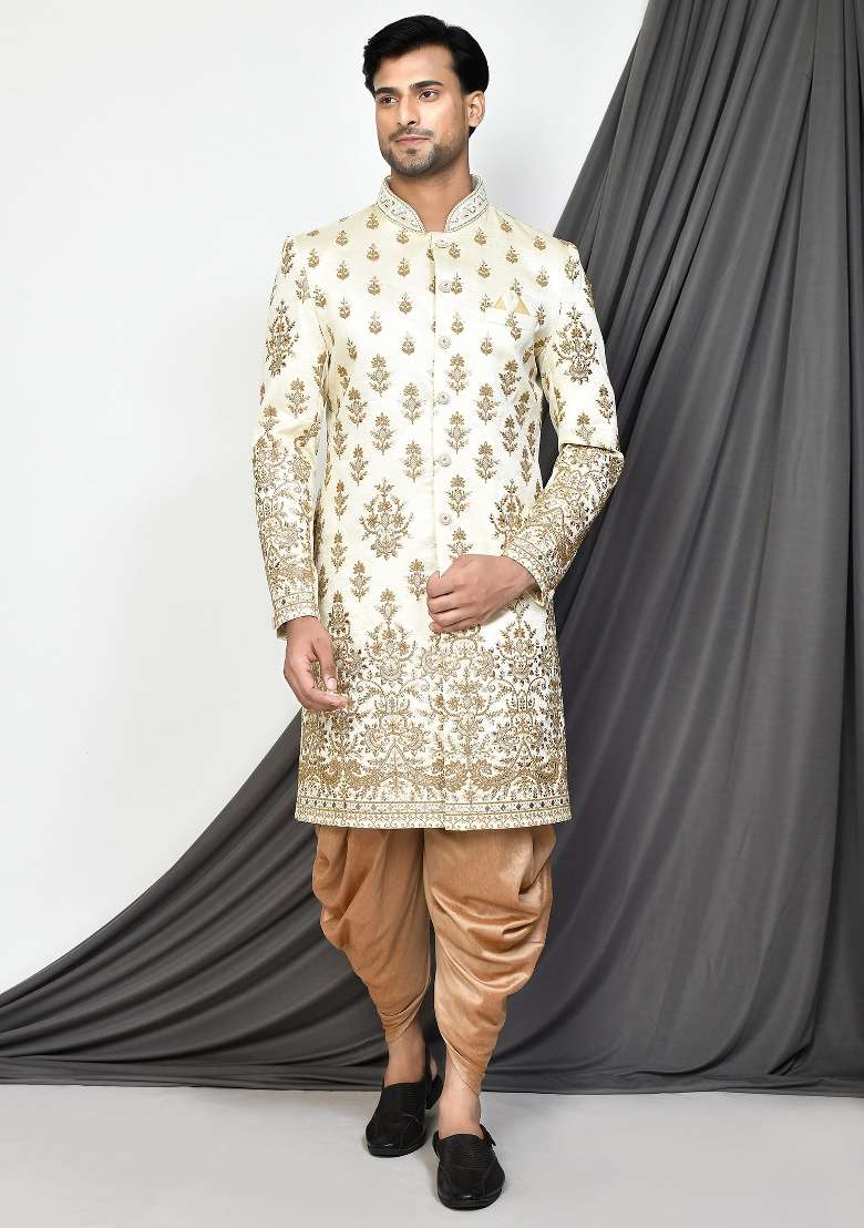 Cream Embroidered Royal Satin Indo Western Sherwani Set For Men - Indya
