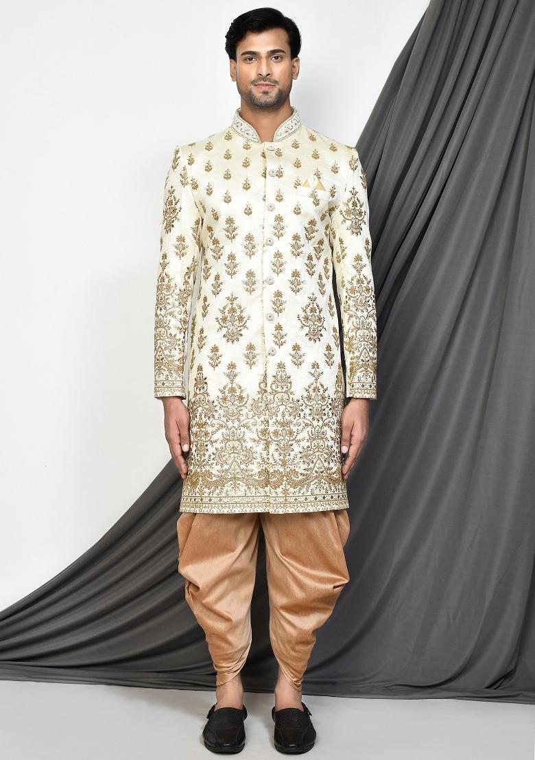 Cream Embroidered Royal Satin Indo Western Sherwani Set For Men