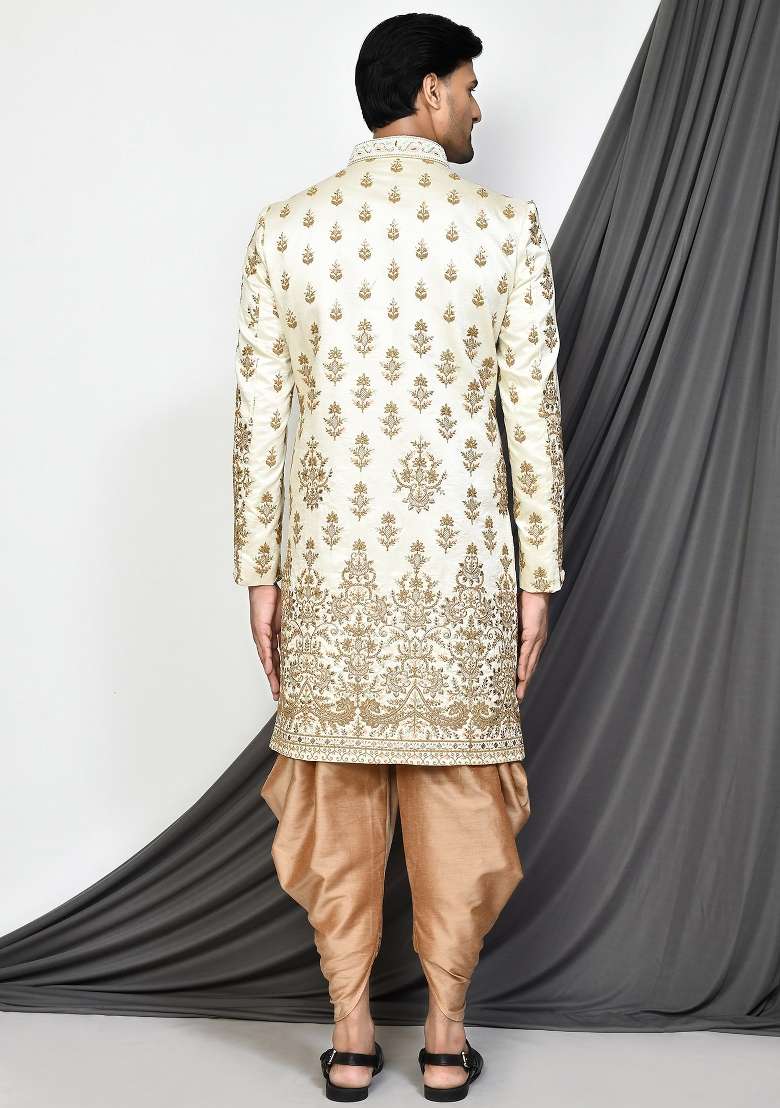 Cream Embroidered Royal Satin Indo Western Sherwani Set For Men - Indya
