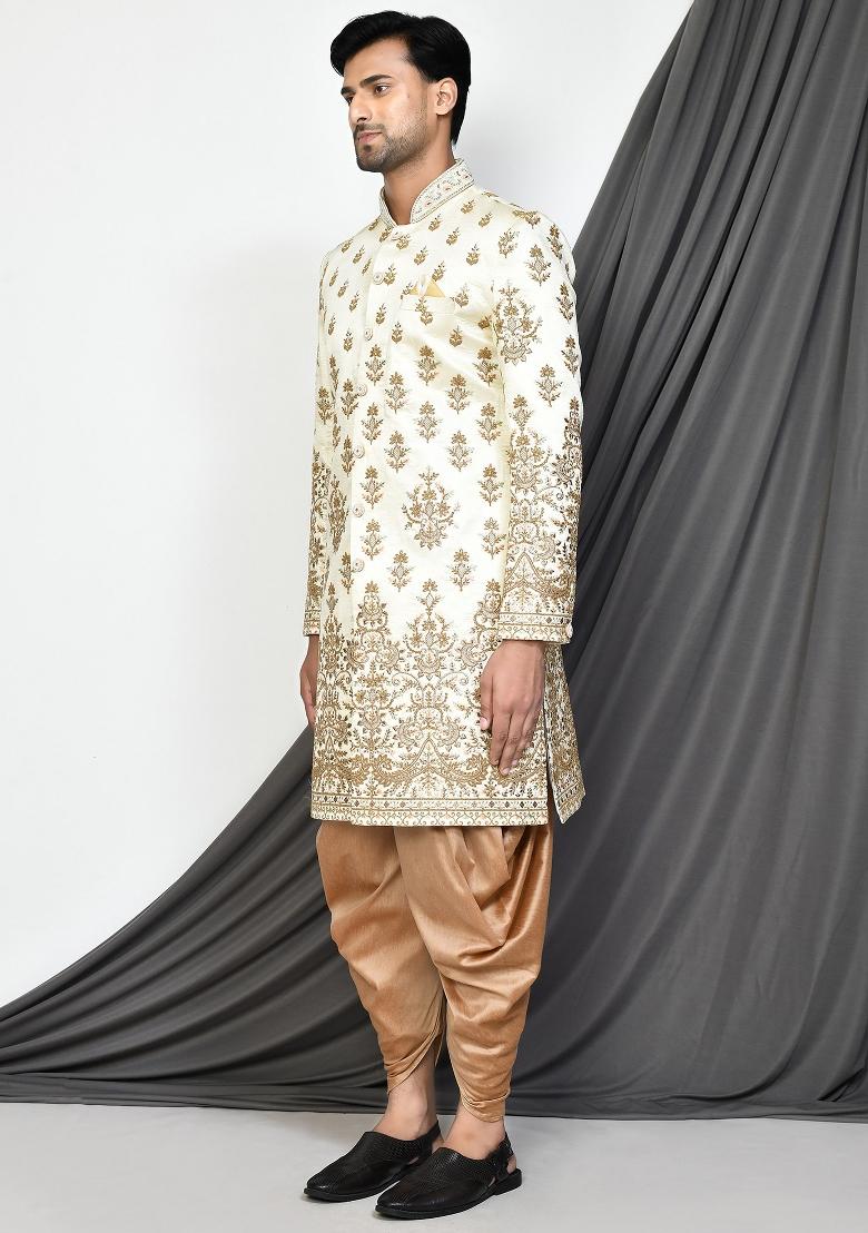 Cream Embroidered Royal Satin Indo Western Sherwani Set For Men