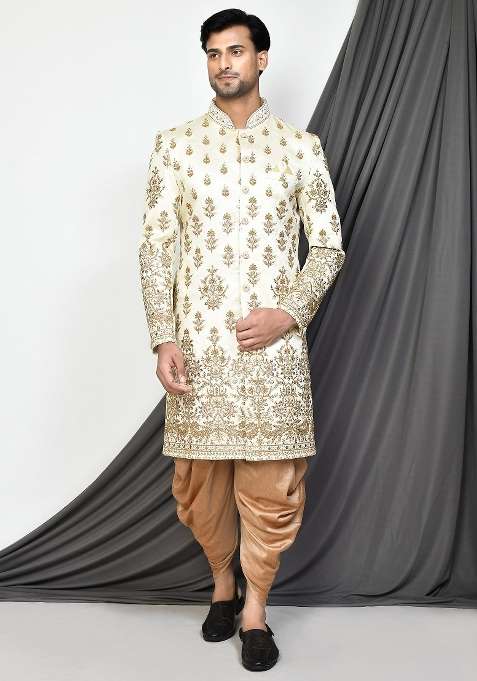 Cream Embroidered Royal Satin Indo Western Sherwani Set For Men