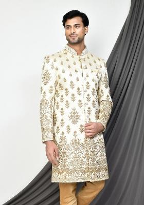 Cream Embroidered Royal Satin Indo Western Sherwani For Men
