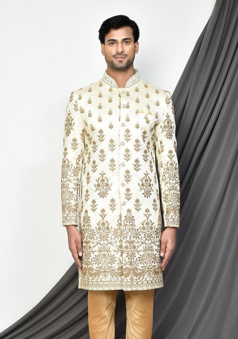 Cream Embroidered Royal Satin Indo Western Sherwani For Men