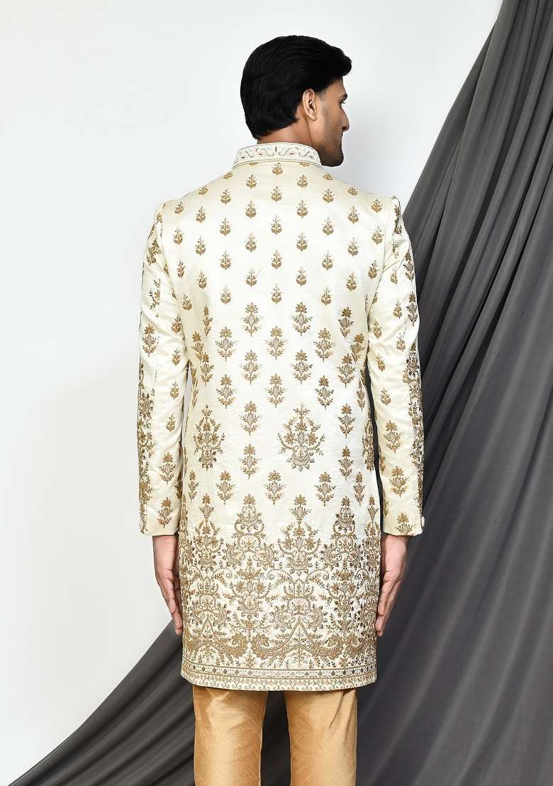 Cream Embroidered Royal Satin Indo Western Sherwani For Men - Indya