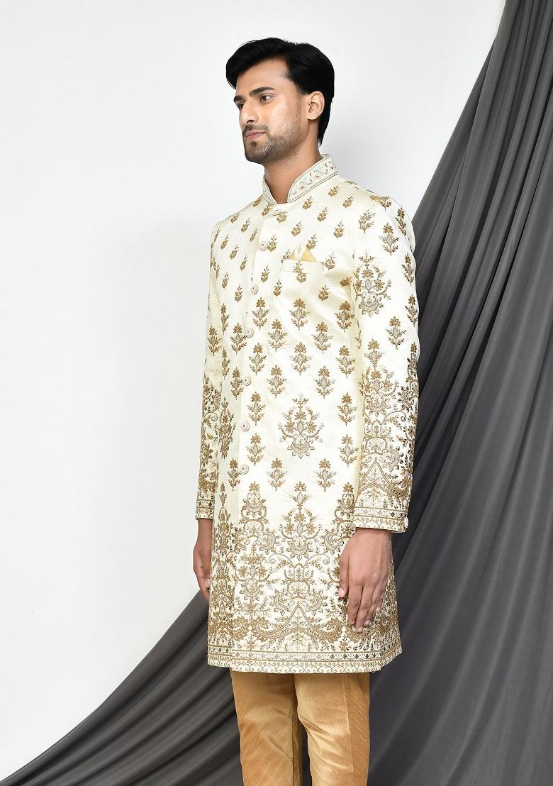 Cream Embroidered Royal Satin Indo Western Sherwani For Men