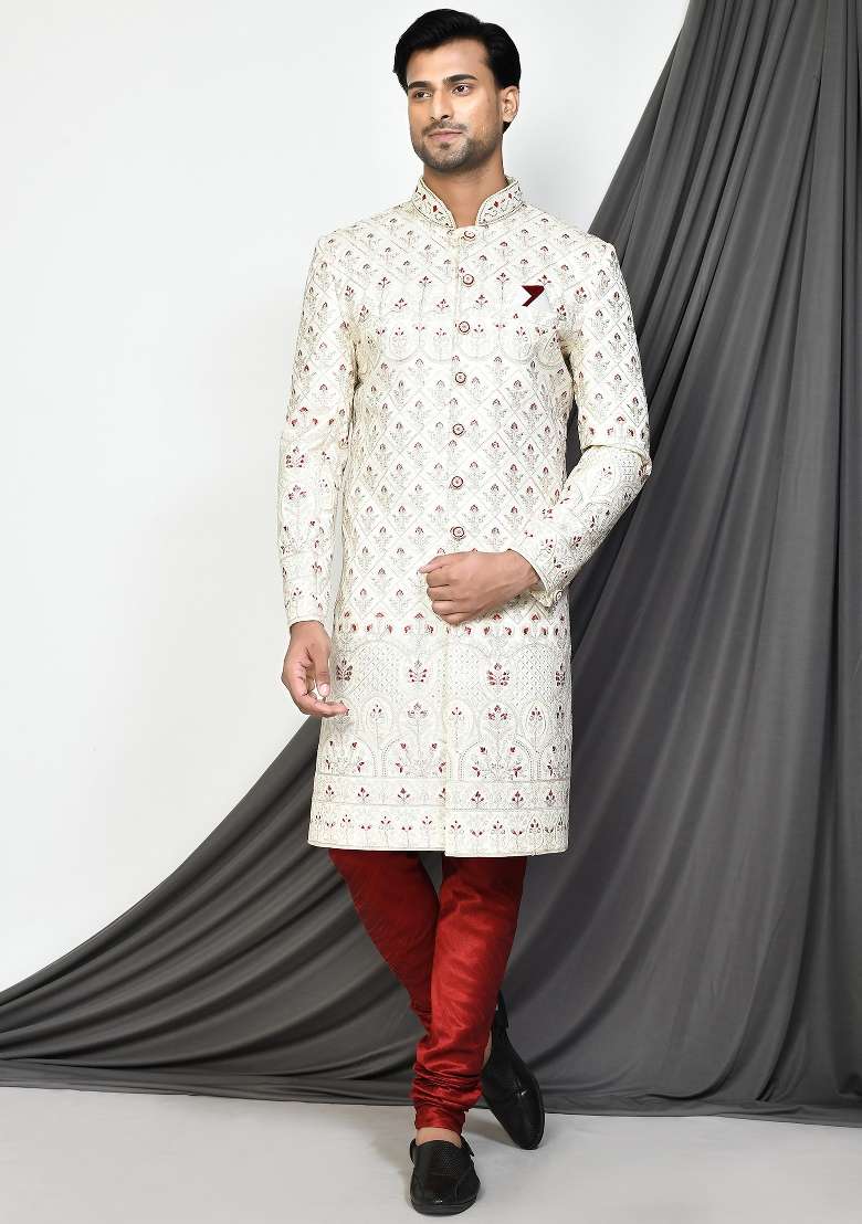 Cream Embroidered Mulbury Indo Western Sherwani Set For Men - Indya