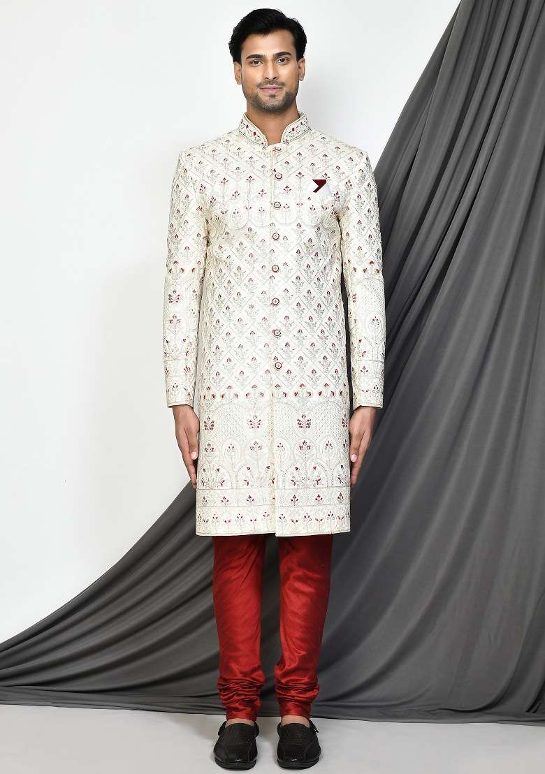 Cream Embroidered Mulbury Indo Western Sherwani Set For Men - Indya