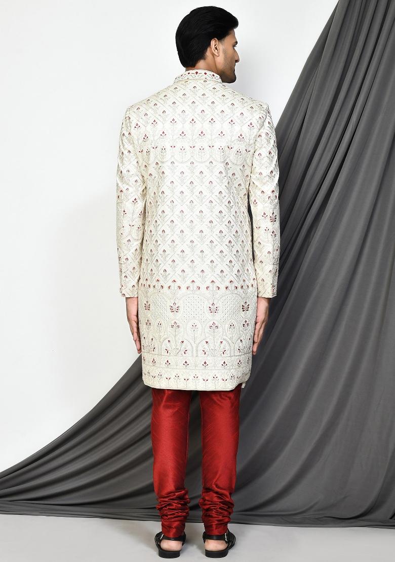 Cream Embroidered Mulbury Indo Western Sherwani Set For Men